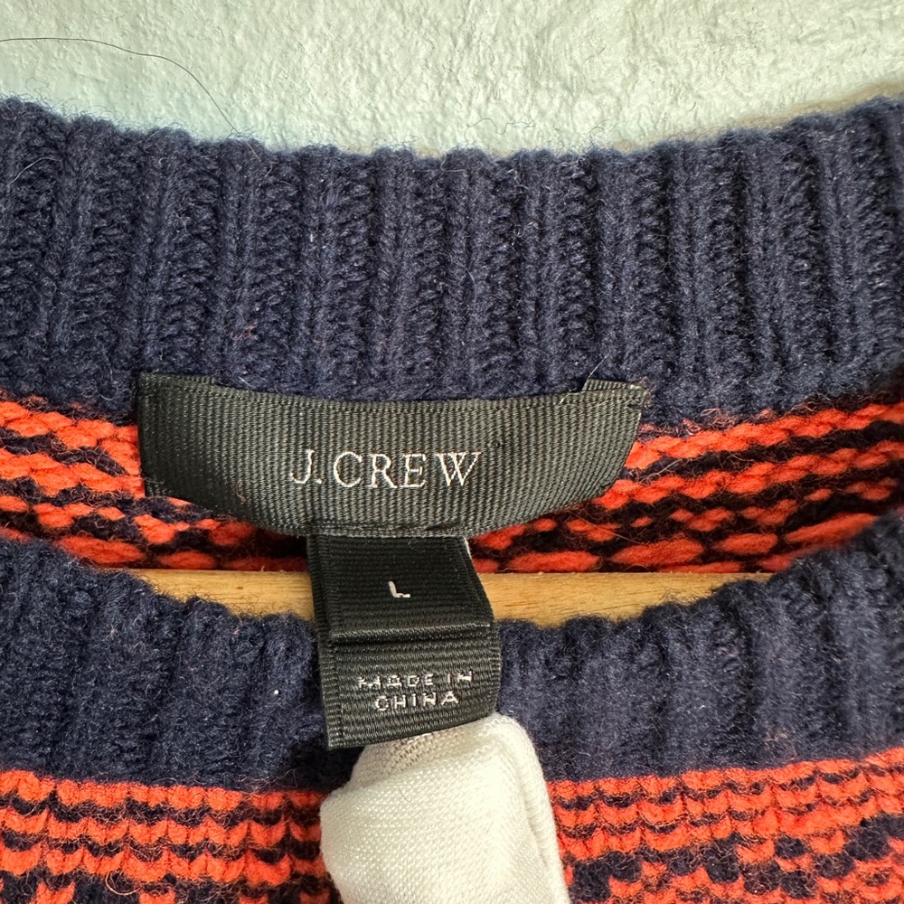 J Crew Women Fair Isle Sweater Merino Wool Blend Ruffle Sleeve Navy Orange Large - Picture 2 of 10
